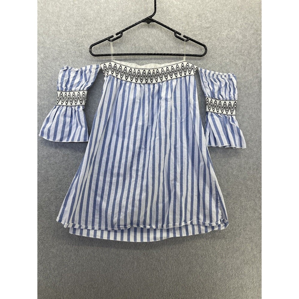Freesia Women's Off Shoulder Dress Blue Striped Embroidered Trim Size Medium